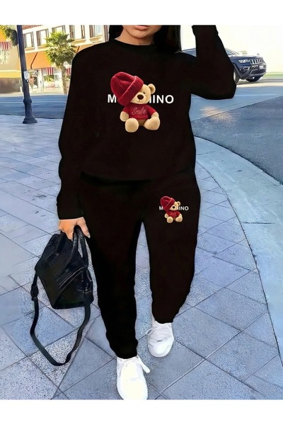 Marco Fresco Blue Hat Smile Bear Patterned Print Top and Bottom Tracksuit Set