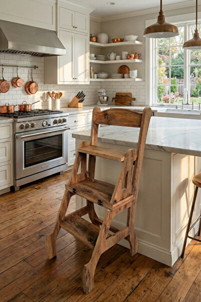 mutfy Ahşap 3 Basamak Merdiven - Portatif Demonte ve Ergonomik Ev Tipi Sandal...