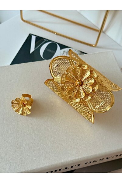 YOUES JEWELRY Gold Color Filigree Patterned Flower Motif Cuff Bracelet and Ri...