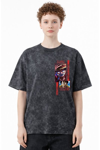 SEVBANO Design Monkey D. Luffy One Piece Anime Printed Unisex Oversized Vintage Washed T-Shirt