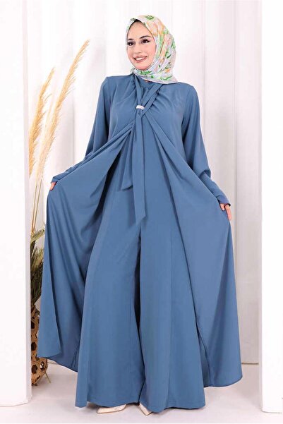 TRENDTESETTÜR KADIN LACİVERT (İNDİGO) KUŞAKLI TULUMLU ABAYA TAKIMI T 6108