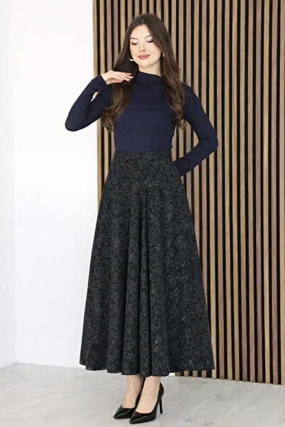 lodmela με τύπωμα και Βελούδο μακριά φούστα με παγιέτες Κλοσέ 6079-Μαύρο/Καφέ