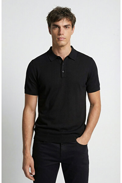 Network Siyah Polo Yaka Kısa Kol Patı Renkli Kazak