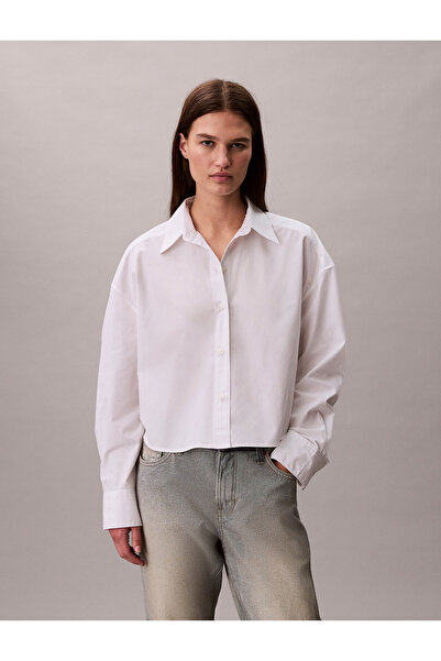 Calvin Klein قماش بوبلين قميص بقصة قصيرة ped مريح بأزرار أمامية