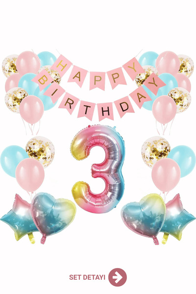 Bunloon 3 Yaş Doğum Günü Balon Seti Happy Birthday Parti Süsleri