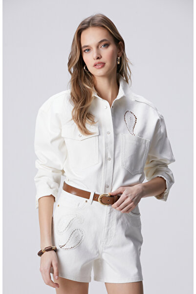 Network Kırık Beyaz Nakışlı Taşlı Denim Gömlek