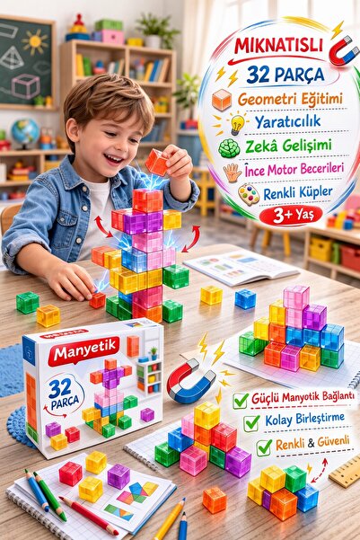 TOYFEST Renkli Manyetik Küp Blok İnşa Seti 32 Parça | Geometri Eğitimi | STEM...