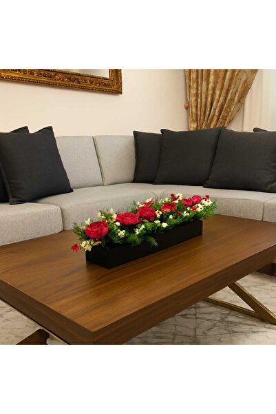 SAKLI ATÖLYEM Dekoratif Antrasit Ahşap Saksıda Yapay Çiçek Aranjmanı – Kırmız...