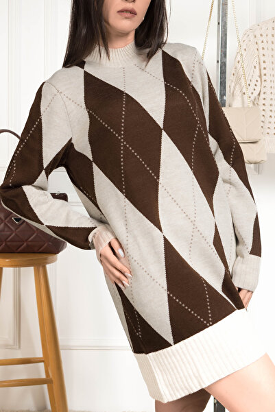 AlvaLuna Hakim Yaka Pyramid Pattern Casual Women's Sweater-Tunic
