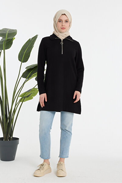 aymiramoda تونيك أسود بسحاب نصف كلي - تونيك كاجوال بأكمام طويلة وقصة مريحة