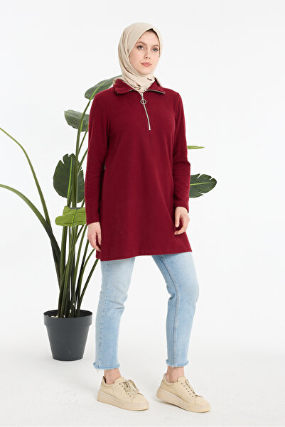 aymiramoda Half Zipper Burgundy Tunic Long Sleeve Relaxed Fit Casual Tunic