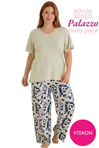 bie's Plus Size Buttonless Viscose Short Sleeve Palazzo Pajama Set- Oversized...
