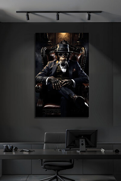 B&G DESIGN Karizmatik Takım Elbiseli Maymun Cam Tablo Şık Ofis ve Salon Dekor...