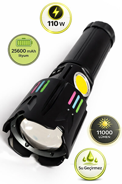Badem10 Şarjlı Metal El Feneri 110W 11000 Lümen 25600mAh Güçlü Işık Uzun Süre...