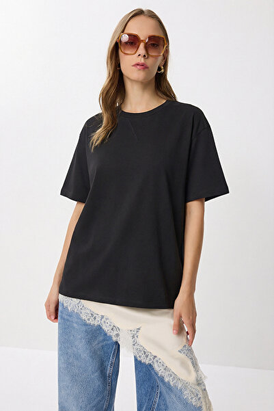 Lovelyİstanbul supradimensionat basic bumbac lu din material subțire tricou L...