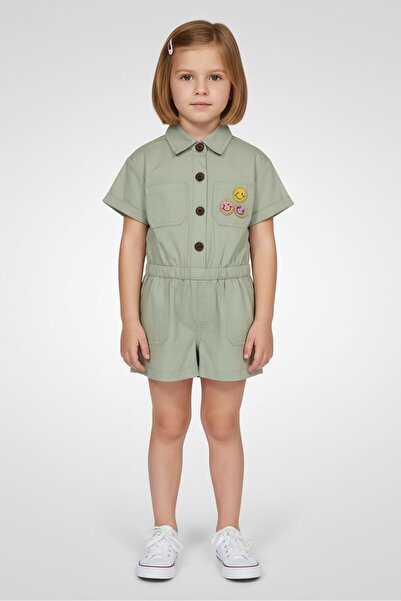 Derek Heart بدلة لعب قصيرة الأكمام مطرّز للبنات الصغيرات، لون زيتوني