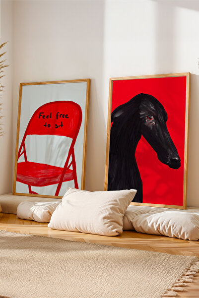 ArtDropsco 2’li Kırmızı Tablo Poster Seti Yazılı Sandalye ve Siyah Köpek Figü...