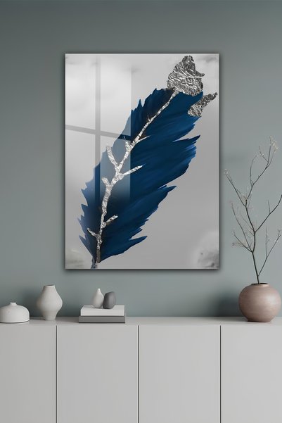 kutuTR Lacivert ve Gümüş Detaylı Modern Yaprak Temperli Cam Tablo 2D UV Baskı...