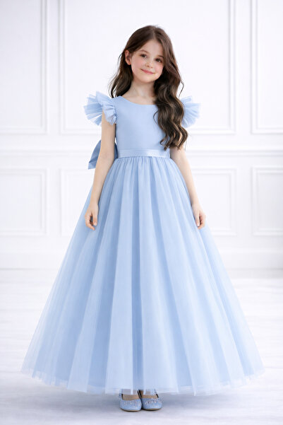 MadyaButik Kız Çocuk Mavi Tüllü Prenses Abiye Elbise – Fırfır Kollu, Sırt Fiy...