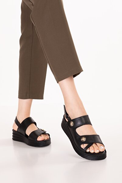 Gondol Genuine Leather Comfort Sole Comfortable Daily Sandals Irm.114 Black