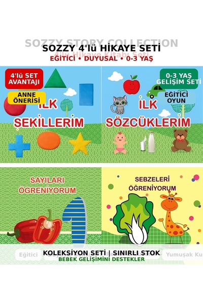 Sozzy 4’lü Eğitici Bebek Hikaye Kitabı Seti | Hışırtılı Kumaş Kitap | 0-3 Yaş...
