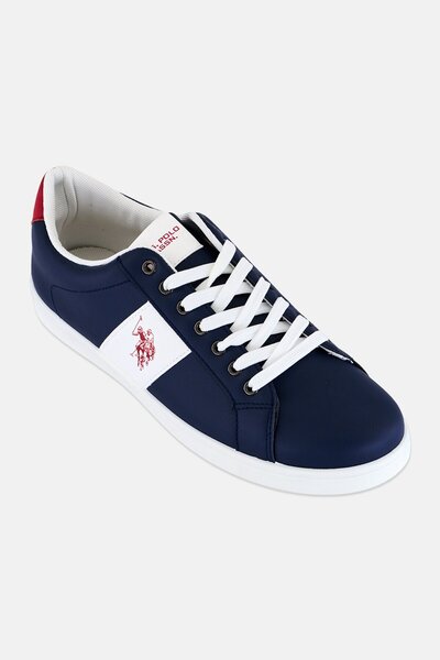 U.S. Polo Assn. حذاء رياضي رجالي من جلد دانتيل وشعار ماركة، لون كحلي