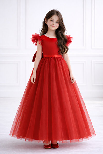 MadyaButik Rochie de seară roșie pentru fete, tul piese, stil prințesă – mâne...