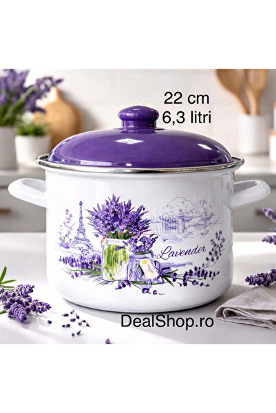 dealshopromania Enamel Pot 22 cm, 6.3 Liters with Lid – Purple Lavender Model...