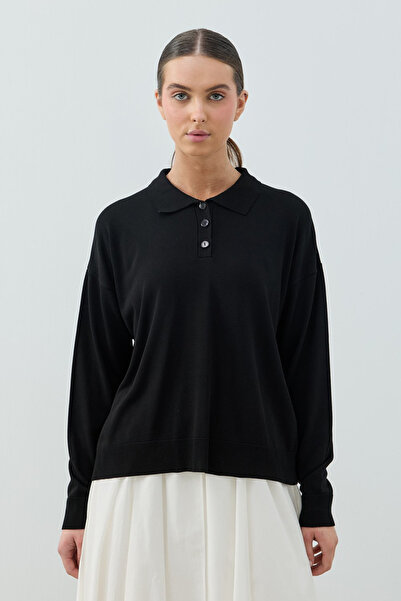 Merwishop Merwish Polo Collar Basic Knitwear Sweater 1790 Black