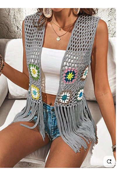 MEGA Megahan bohem yazlık çiçek motifli salaş el örgü Granny Square kadın püs...