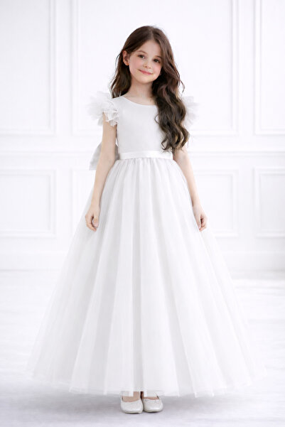 MadyaButik Бяла тюлена принцеска рокля за момичета – с набори на ръкавите, па...