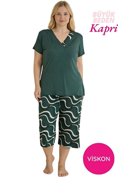 bie's Plus Size Buttonless Viscose Short Sleeve Wide Leg Capri Pajama Set-Wid...