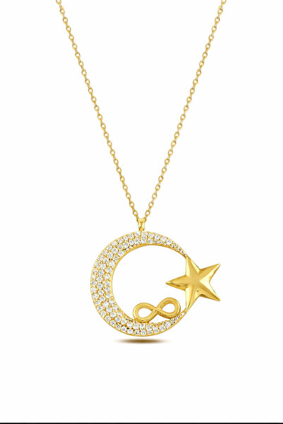 Sonsuzluk Ay Yıldız Gold Kolye – Taşlı 925 Ayar Gümüş