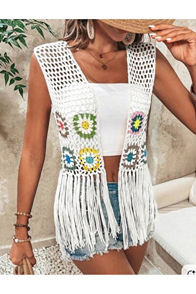 MEGA Megahan bohem yazlık çiçek motifli salaş el örgü Granny Square kadın püs...