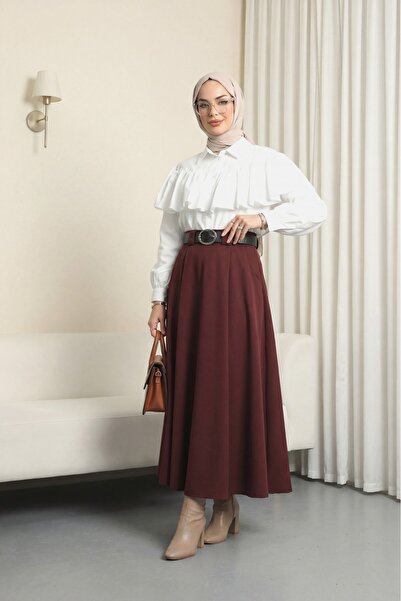 Modamorfo Thick Belt Layer Tivil Skirt with Pleated Front and Pocketed Side Z...