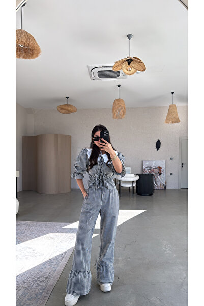 Buket Teke Set bluză și pantaloni negri model cu carouri gingham cu guler