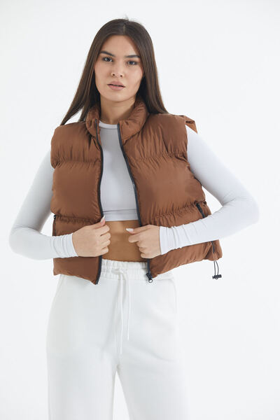 Space Fashion Women's Tan Cropped Puffer Vest