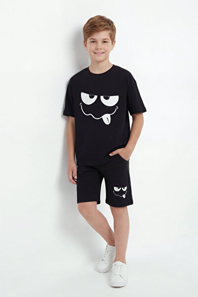 FYK KİDS Στρογγυλή λαιμόκοψη, καλοκαιρινό χαριτωμένο σετ με στάμπα Emoji και ...