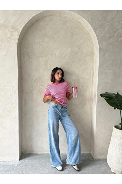 cemo Kadın Çizgili Bisiklet Yaka Kontrast Ribana Detaylı Kısa Kollu Tişört