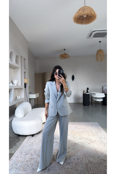 Buket Teke Γκρι Premium Σετ Παντελόνι και Σακάκι με Λεπτομέρειες Πουκάμισου