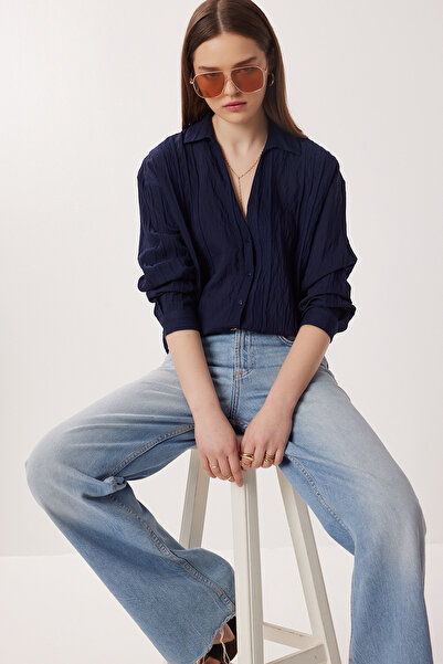 Lovelyİstanbul Oversized Embroidered D Woven Shirt Ldz0062 Dark Blue