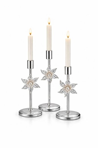 sahane & bazaar Lüks Gümüş 3’lü Şamdan Mumluk Seti Kristal Çiçek Detaylı Avan...