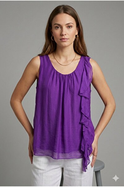 della moor Italian Purple Zero Sleeve Front Ruffle a Lined İ Silk Luz
