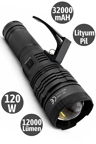 Badem10 Şarjlı Metal El Feneri 120W 12000 Lümen 32000mAh Lityum Pil Su Geçirm...