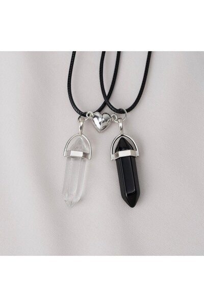 Zuum 2 li Şeffaf , Siyah Doğal Taş Kalp Detay Mıknatıslı ip Kolye , Arkadaşlı...
