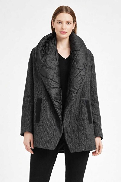 Kutaf Women's Smoked Herringbone Patterned Puffer Collar Detail Coat – Oversi...