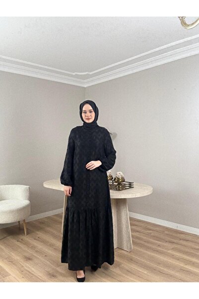 Nuss 2026 Kendinden Dokulu İpek Kupra Elbise Siyah