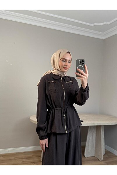 Nuss 1049 Cep Zımba Detaylı Bol Pantolonlu Takım Kahverengi