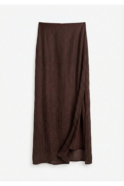 Quzu Midi Boy Kraşlı Etek Kahve