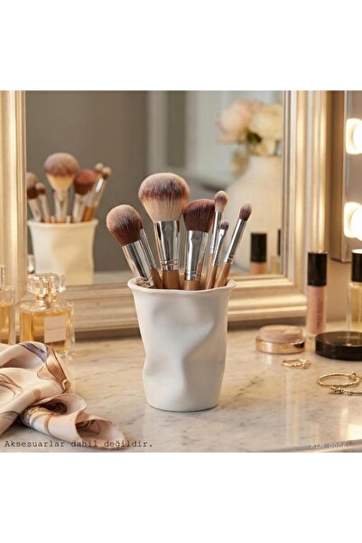 CT STONES White Modern Trapezoid Shaped Cup Makeup Brush Holder Desktop Cosme...